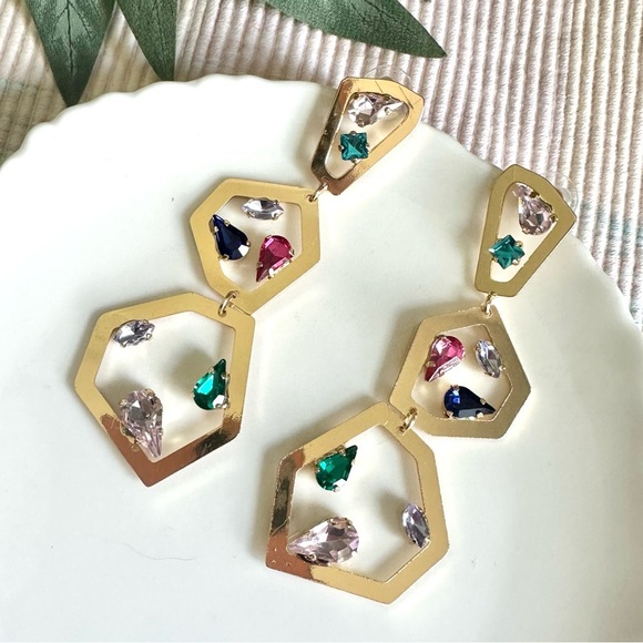 2/$30🌵 Gold Geo Multicolor Rhinestones Earrings Sparkle Large Jewelry Boho NEW - Picture 6 of 11